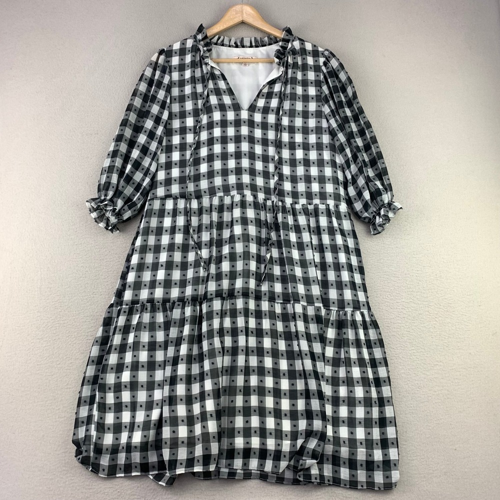 Nanette Lepore Gingham Tiered Dress Women 8 Black White Swiss Dot Ruffle Neck